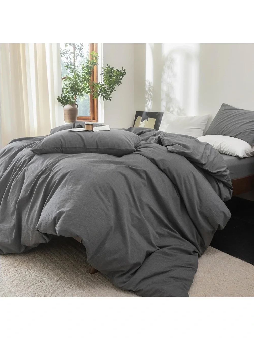 NEW FOSSA Duvet Cover Set 100% Washed Cotton Linen Feel 3 Pieces, Dark Grey King